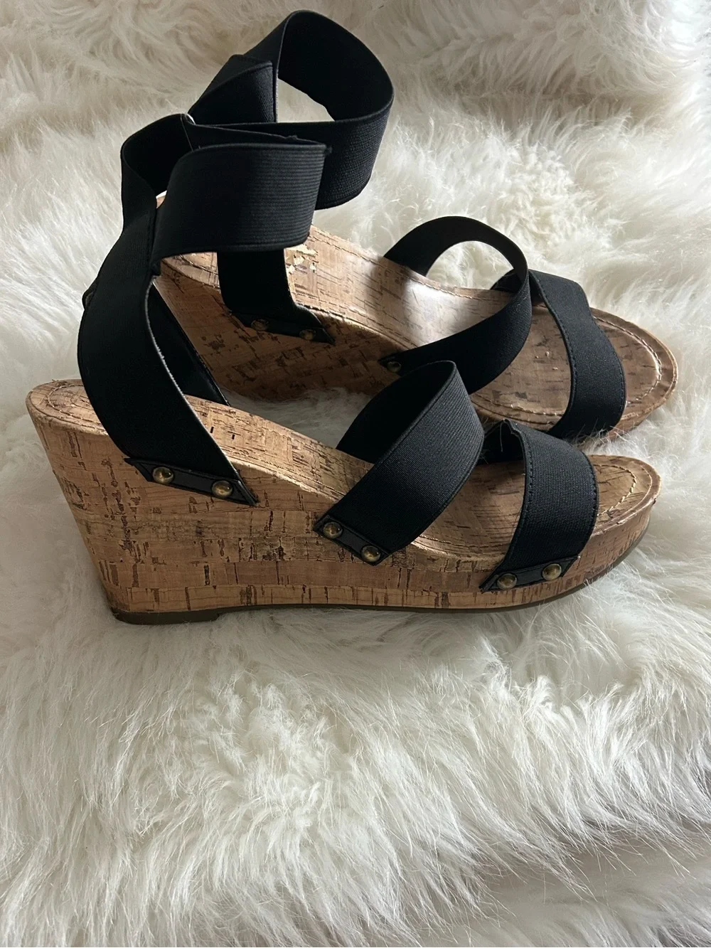Esprit Black Elastic-Strap Cork Wedge Sandals with Ankle Wrap